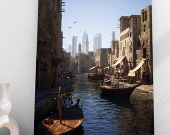 Dubai Souk Wall Art – Historic Old Town on the Waterfront, Digital Art Print, Dubai Creek Poster, Arabian Market Print, Travel Wall Decor