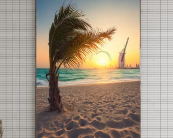 Dubai Beach Wall Art – Palm Tree & Burj Al Arab Poster, Digital Art Print, Dubai Beach Print, Holiday and Travel Wall Decor