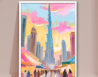 Dubai Digital Art Print – Burj Khalifa Illustration, Street Food Market, Travel & Food Mural, Urban Middle East Art