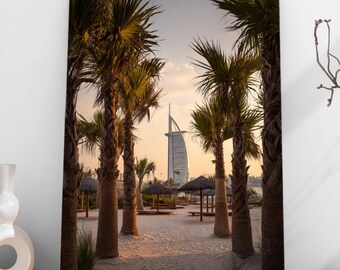 Dubai Beach Wall Art – Palm Walk & Burj Al Arab Poster, Digital Art Print, Dubai Beach Print, Tropical Travel Wall Decor