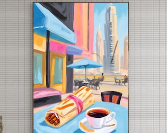 Dubai Skyline Wall Art – Digital Art Print, Tea & Falafel Illustration, Dubai Poster, Urban Travel Art, Middle East Wall Decor