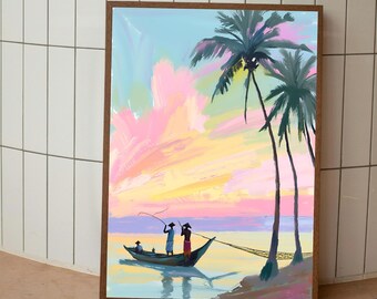 Sri Lanka Fishing Boat Poster – Digital Art Print, Hand-Painted Look, Tropical Ocean Wall Art Print, Beach & Travel Wall Decor