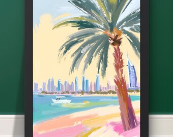 Dubai Beach Palm Trees Wall Art – Digital Art Print, Tropical Beach Poster, Dubai Beach Print, Holiday & Travel Wall Decor