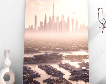 Dubai Skyline Wall Art – Mystical Cityscape Poster, Digital Art Print, Sand & Fog Effect, Urban Dubai Print, Travel Wall Decor
