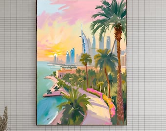 Dubai Beach Promenade Wall Art – Burj Al Arab Poster, Digital Art Print, Palm Trees and Sea Illustration, Holiday & Travel Wall Decor