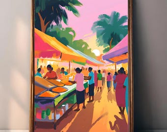 Sri Lanka Market Poster – Digital Art Print with People & Street Market, Tropical Travel Wall Art Print, Exotic Culture Wall Decor