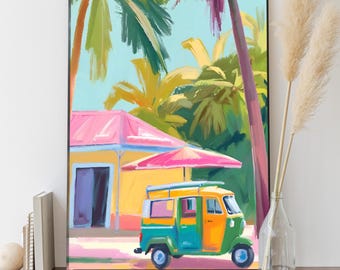 Sri Lanka TukTuk Wall Art – Palm Street Poster, Digital Art Print, Tropical Travel Print, Exotic Travel Wall Decor