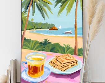 Sri Lanka Beach Poster – Digital Art Print with Rotti & Black Tea, Tropical Food Art Print, Travel Wall Art, Exotic Coastal Decor