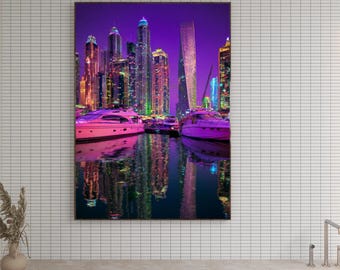 Dubai Marina Night Wall Art – Skyline at Night Poster, Digital Art Print, City Lights Print, Urban Dubai Art, Travel Wall Decor