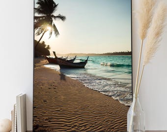Sri Lanka Beach Wall Art – Morning Mood with Fishing Boat Poster, Digital Art Print, Sunrise Beach Print, Tropical Travel Wall Decor