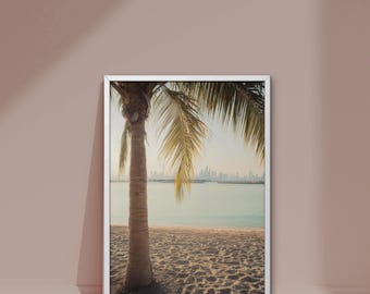 Dubai Beach Wall Art – Palm Tree & Skyline Poster, Digital Art Print, Dubai Beach Print, Tropical Coast Illustration, Travel Wall Decor