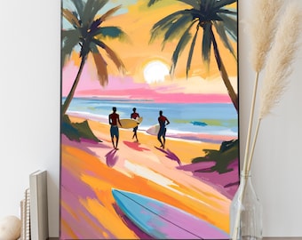 Sri Lanka Beach Wall Art – Surfer in the Sea Poster, Digital Art Print, Tropical Beach Print, Travel & Ocean Wall Decor