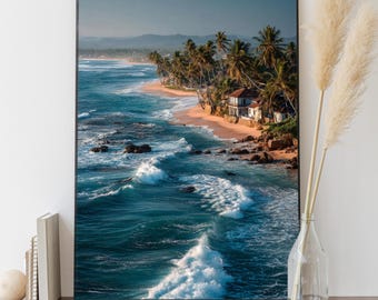 Sri Lanka Coast Wall Art – Cliff & Palm Trees Poster, Digital Art Print, Beach and Sea Print, Tropical Travel Wall Decor