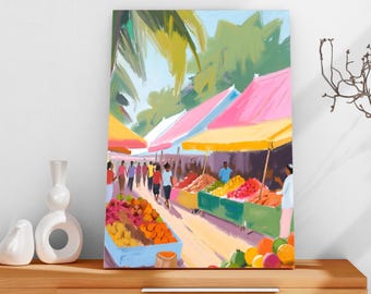 Sri Lanka Market Poster – Digital Art Print with People & Street Market, Tropical Travel Wall Art Print, Exotic Culture Wall Decor