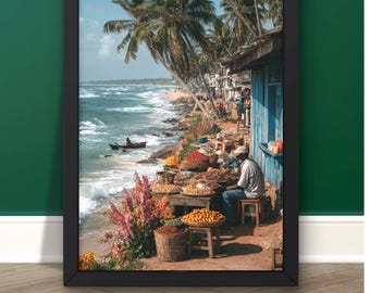 Sri Lanka Market Wall Art – Coastal Stall by the Sea Poster, Photorealistic Digital Print, Sri Lanka Beach Print, Travel & Holiday Wall Decor