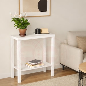 May include: A white rectangular console table with four straight legs and a lower shelf. The top surface holds a potted green plant in a brown pot, a black cylindrical container, and a small wooden box. A stack of three books rests on the lower shelf.