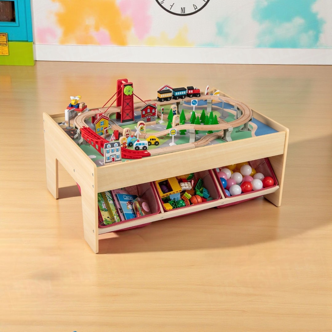 Wooden Train Set Table for Kids, Multipurpose Activity Play Table With ...