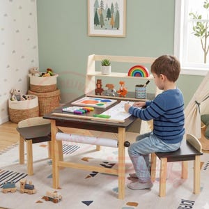 Children’s Wooden Art Desk and Chair Set with Paper Roll Storage Coffee