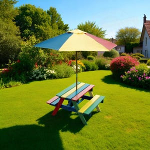 May include: A brightly painted picnic table with attached benches and a striped umbrella. The table and benches are in red, blue, yellow, and green. The umbrella has blue, yellow, and red stripes. The scene is set on a green lawn with trees and flowers.