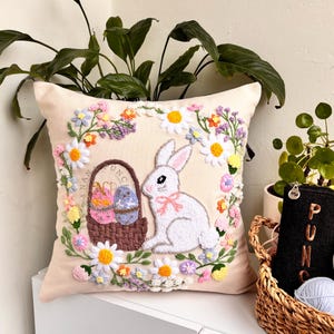 Punch Needle Easter Pillowcase: Handmade Bunny & Eggs, Organic Cotton