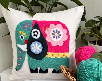 Punch Needle Elephant Pillow: 16 Inch Tufted Nursery Cushion