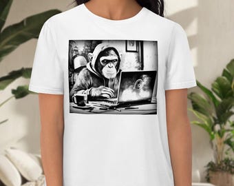 Programmer Chimp T-Shirt, Funny Monkey Shirt, Computer Geek Apparel, Coder Gift, Tech Lover Tee, Unisex Graphic Tee