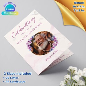 May include: A folded card with a pink and white background. The card has a photo of a man smiling in a circle with purple flowers around it. The text "Celebrating the life of William Anderson 1950-2030" is printed on the card.