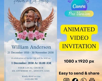 Animated Funeral Video Invitation | Memorial Evite | Celebration of Life Digital Invite | Editable Canva Template
