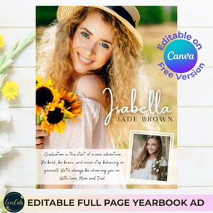 May include: A graduation yearbook advertisement template featuring a person wearing a straw hat and holding sunflowers. The text reads Isabella JADE BROWN and includes a quote about graduation, plus a smaller photo frame for a portrait.