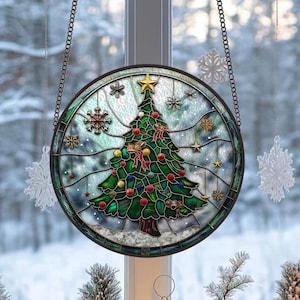 Christmas Trees Stained Glass, Festive Stained Glass Christmas Tree Suncatcher, Suncatcher, Holiday Decor, Gift For Family Window Hanging