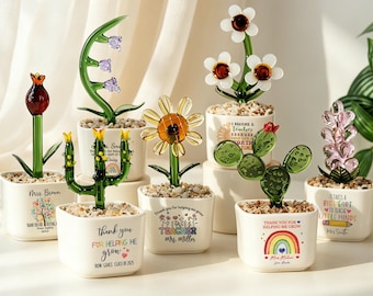 Glass Plant Pot, Personalized Name Mini Glass Flower Cactus Ornament, End Of School Term Gift, Teacher Appreciation Desk Table Decoration