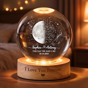 Custom Moon Phase & Star Map by Date Lamp, Personalized Crystal Ball Night Light, Constellation Map, Wedding Anniversary Gift For Couple