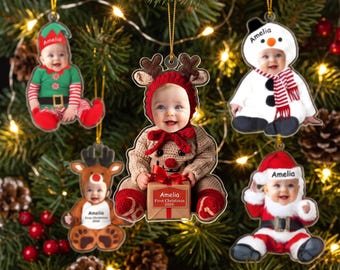 Ornamento personalizzato per il viso dei bambini: ornamento per elfo per bambini, ornamento con foto per bambini, regalo di Natale per bambini, ornamento per il primo Natale dei bambini, regalo per neonati