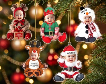 Ornamento personalizzato per il viso del bambino: ornamento per elfo per bambini, ornamento con foto per bambini, regalo di Natale per bambini, ornamento per il primo Natale del bambino, regalo per neonati