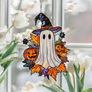 Cute Ghost Monstera Acrylic Suncatcher,Halloween Ghost Suncatcher,Cute Ghost Plant Tree And Cat Suncatcher,Halloween Ghost Window Hanging