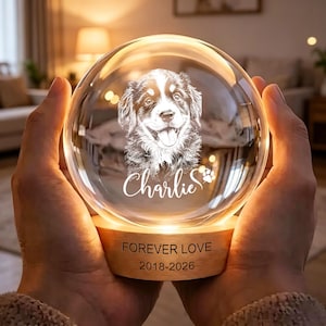 Peut inclure: Une lampe sphérique en verre transparent gravée du portrait d'un chien, du nom Charlie et d'une empreinte de patte. Elle repose sur un socle en bois circulaire portant l'inscription FOREVER LOVE et les années 2018-2026, diffusant une lueur chaude.