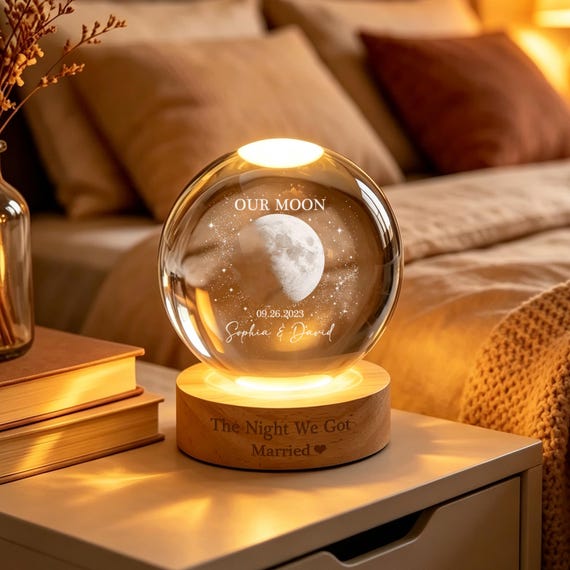 Personalized Moon Phase Crystal Ball Night Light, Anniversary Gift For Couple, Our Special Day Moon Lamp, Custom Night Sky By Date Gift