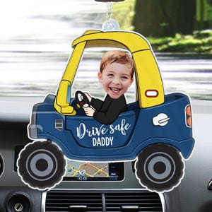 お父さんへのパーソナライズされた子供用アバター写真カーチャーム、安全運転パパのアクリル製車用吊り下げ、新しいお父さんへのギフト、彼への初めての父の日ギフト、父親へのギフト