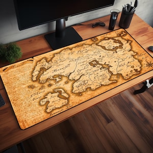 Alfombrilla de escritorio para juegos con el mapa de Skyrim de Tamriel - Alfombrilla de ratón para juegos con el mapa de Skyrim de Tamriel - Alfombrilla de ratón con mapa vintage detallado de Elder Scrolls World - Alfombrilla de ratón XXL