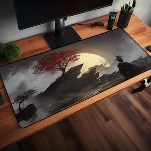 Samurai Desk Mat: Moonlit Warrior XXL Mousepad with Crimson Tree