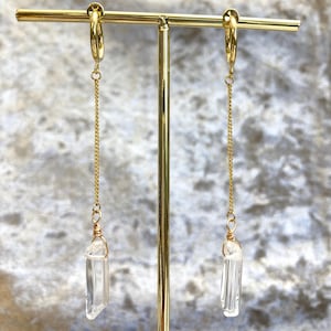 Rock crystal ear clips, gemstone ear clips, dangling ear clips for non-pierced ears, crystal earrings, hexagonal sticks