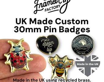 30mm CUSTOM Shaped Brass Metal Lapel Pin Badge. Personalised with your own Design, Logo or Text.