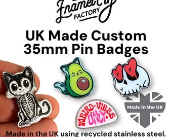 35mm CUSTOM Shaped Metal Lapel Pin Badge. Personalised with your own Design, Logo or Text.