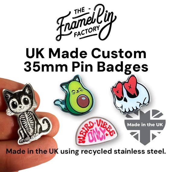 35mm CUSTOM Shaped Metal Lapel Pin Badge. Personalised with your own Design, Logo or Text.
