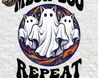 Meow Boo Repeat Ghost Cat PNG SVG, Divertente clipart di gattino di Halloween, Simpatica sublimazione per la stagione spettrale, Regalo per amanti dei gatti, Download digitale di Halloween