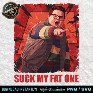 Könnte beinhalten: Digitale Illustration einer Person mit Brille und Jacke mit Regenbogenärmeln, die mit offenem Mund nach vorne zeigt. Der Text "SUCK MY FAT ONE" ist rot dargestellt, mit zusätzlichem Text am unteren Rand.