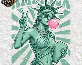 Statua della Libertà americana, gomma da masticare PNG SVG, clipart patriottica retrò del 4 luglio, orgoglio USA, Americana, download digitale per il Giorno dell'Indipendenza