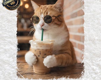Immagine PNG di un gatto che beve caffè freddo, un simpatico gattino rosso con occhiali da sole che beve latte, clipart per amanti dei gatti, sublimazione, download digitale di alta qualità.