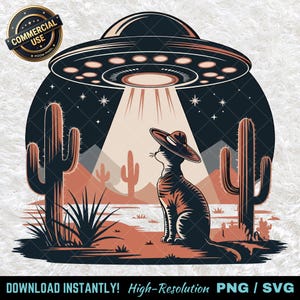 Könnte beinhalten: Digitale Illustration einer Katze mit Sombrero, die zu einem UFO aufblickt. Die Szene spielt in einer Wüstenlandschaft mit Kakteen und Bergen unter einem Sternenhimmel. Das Bild hat einen Vintage-Retro-Stil.