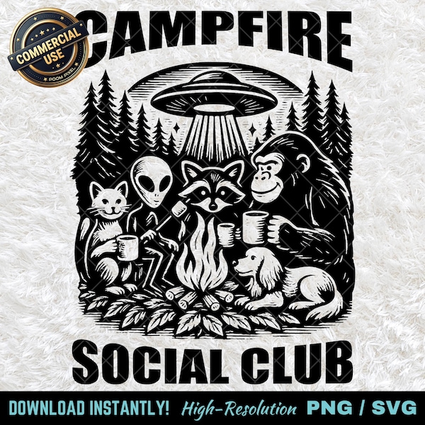 Campfire Social Club PNG SVG, Funny Forest Cat Alien Raccoon Bigfoot Dog UFO Bonfire Clipart, Camping Lover, Funny Camping Digital Download